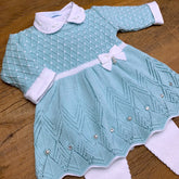 Vestido e Calça - Casinha - Verdinho e Branco com Cristais e Pérolas Swarovski