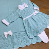 Vestido. Calça e Manta - Casinha - Verdinho e Branco com Pérolas e Cristais Swarovski