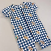 Macacão Zíper - Curto - Algodão Egípcio - Urso Xadrez Marinho