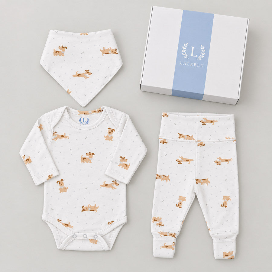 Kit presente para bebê Conjunto Suedine Cachorrinho com body, calça e babador bandana
