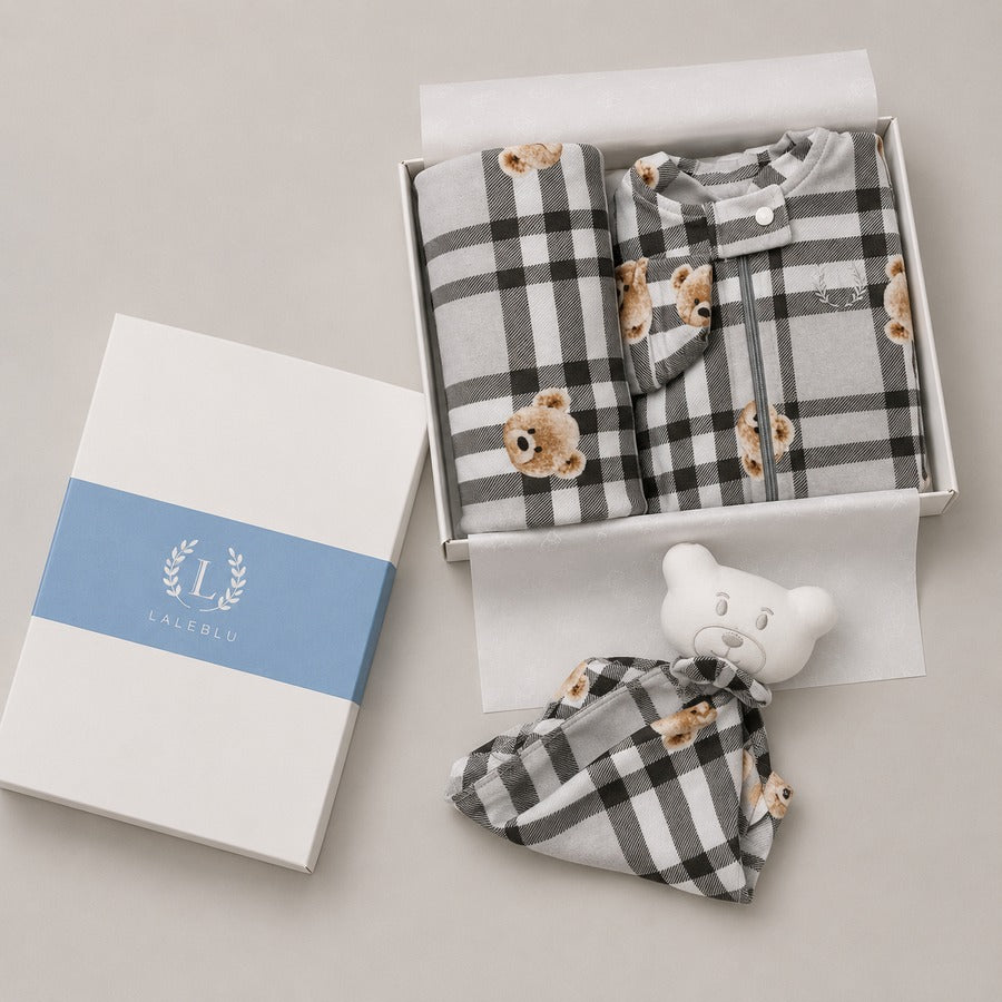 Kit Presente - Urso Xadrez Cinza