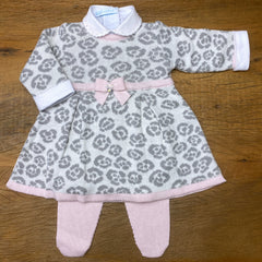 Vestido e Calça - Oncinha - Natural,  Steal e Rosa Pastel com Pérolas Swarovski
