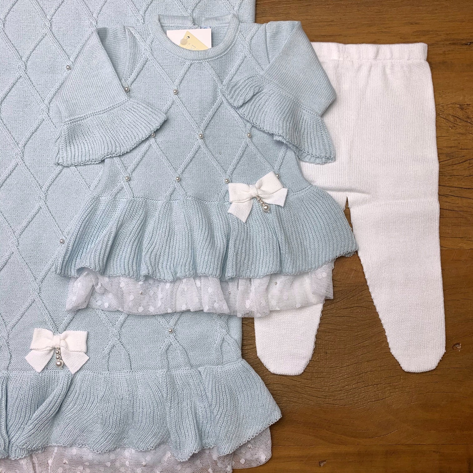 Vestido. Calça e Manta - Alicia - Azul Pó com Pérolas Swarovski