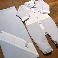 Macacão e Manta - Tricotil - Lucca - Azul Pó e Branco