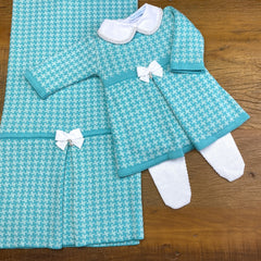 Vestido. Calça e Manta - Pied Poule - Tiffany e Verdinho com Pérolas Swarovski