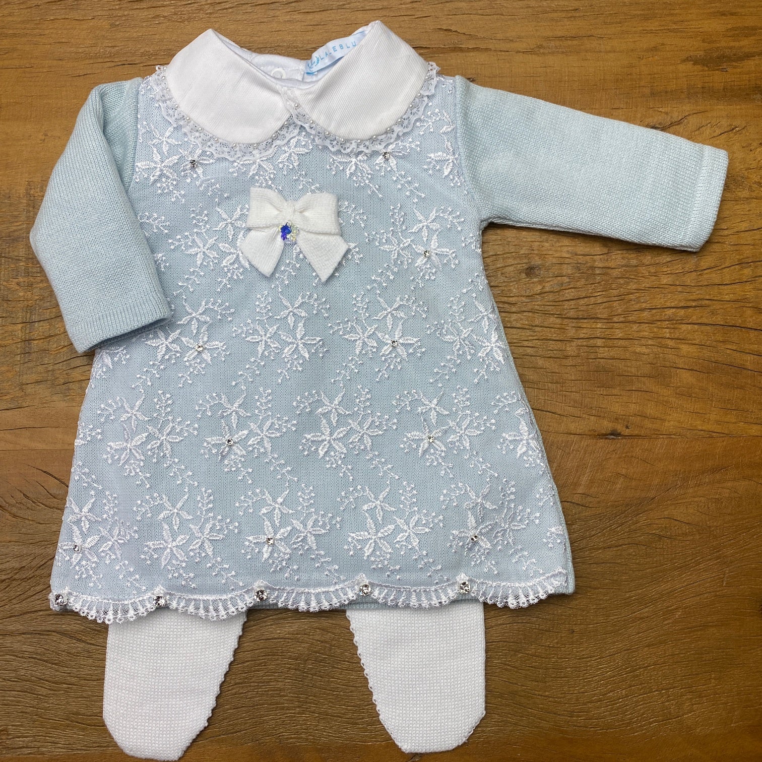 Vestido e Calça- Frozen - Azul Pó com Cristais e Pérolas Swarovski