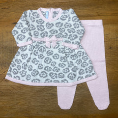 Vestido e Calça - Oncinha - Natural,  Steal e Rosa Pastel com Pérolas Swarovski