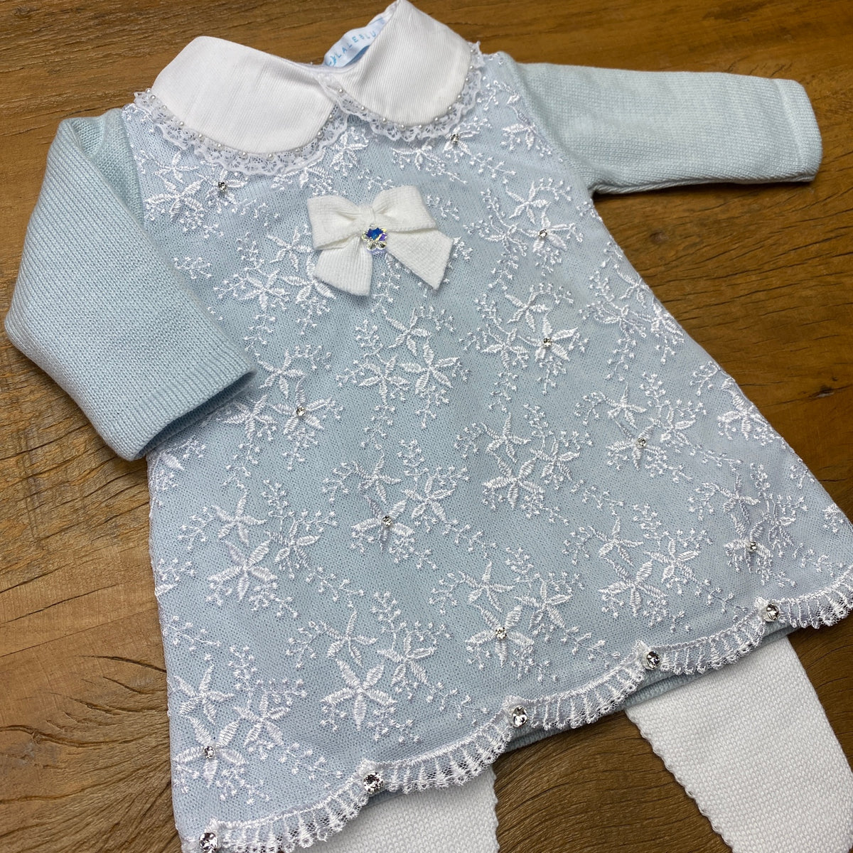 Vestido e Calça- Frozen - Azul Pó com Cristais e Pérolas Swarovski