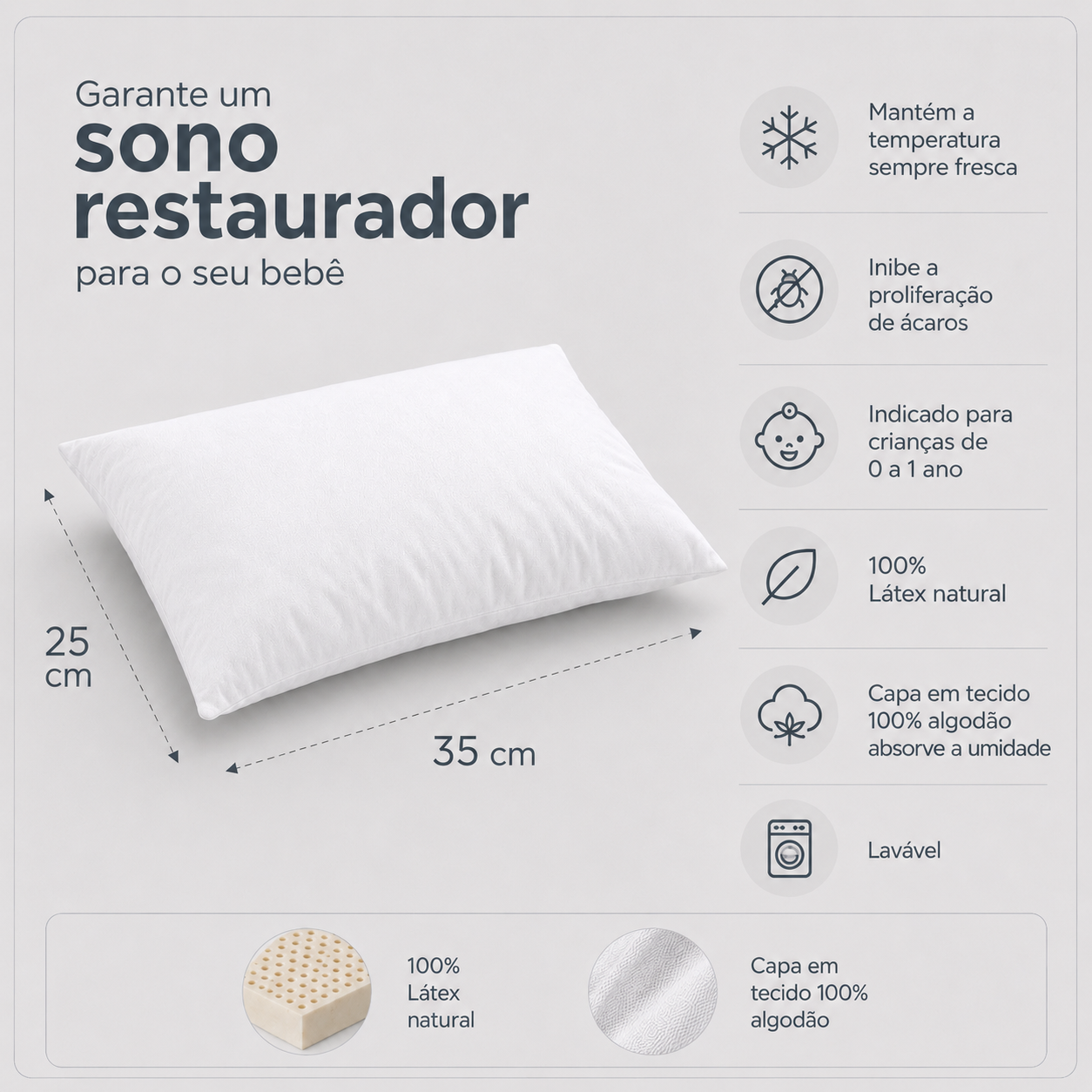 Travesseiro para Bebê 100% Látex Natural com Capa em Algodão – Conforto e Frescor