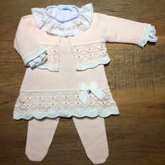 Vestido,  Bolero e Calça - Tereza - Rosa Pó e Branco com Cristais Swarovski