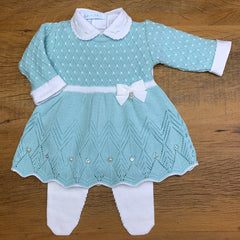 Vestido e Calça - Casinha - Verdinho e Branco com Cristais e Pérolas Swarovski