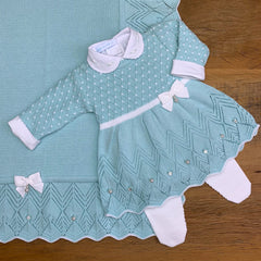 Vestido. Calça e Manta - Casinha - Verdinho e Branco com Pérolas e Cristais Swarovski