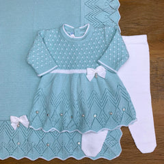 Vestido. Calça e Manta - Casinha - Verdinho e Branco com Pérolas e Cristais Swarovski