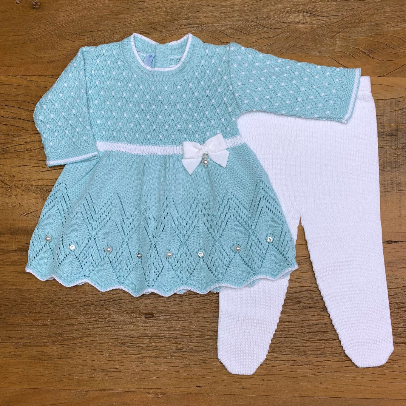 Vestido e Calça - Casinha - Verdinho e Branco com Cristais e Pérolas Swarovski