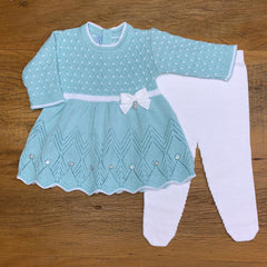 Vestido e Calça - Casinha - Verdinho e Branco com Cristais e Pérolas Swarovski
