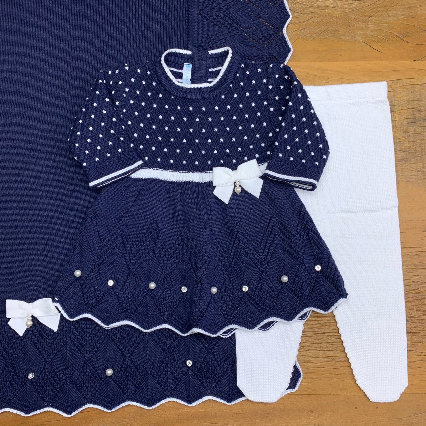 Vestido, Calça e Manta - Casinha - Naval e Branco com Pérolas e Cristais Swarovski