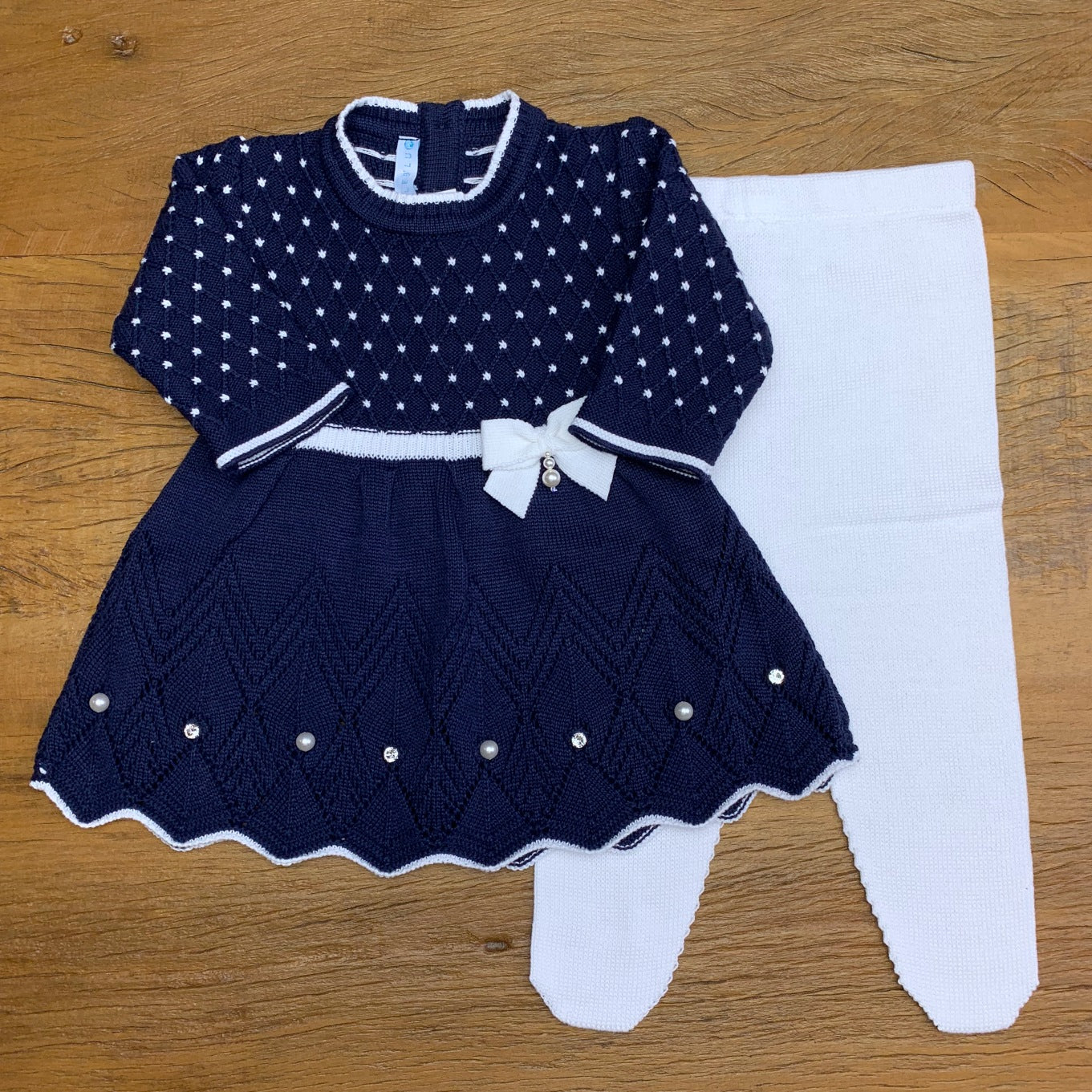 Vestido e Calça - Casinha - Naval e Branco com Cristais e Pérolas Swarovski
