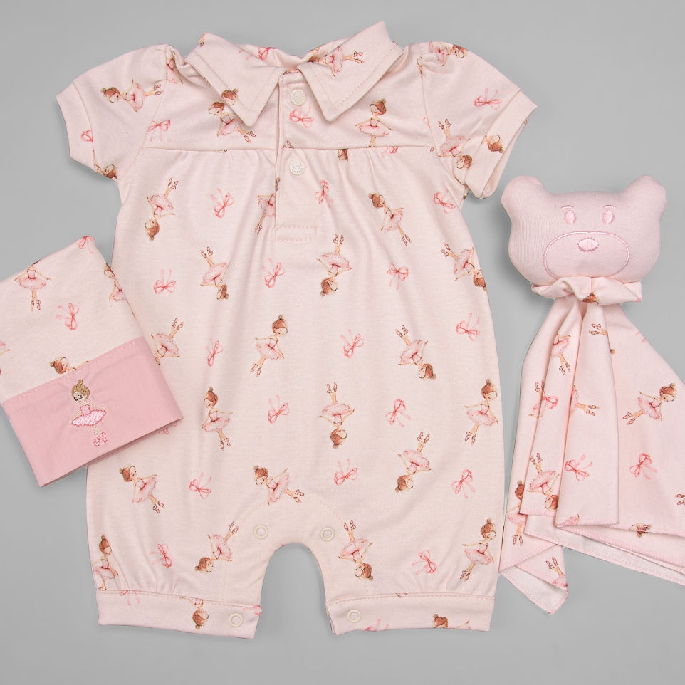 Macacão Zíper - Curto - Algodão Egípcio - Laço Bailarina - Rosa