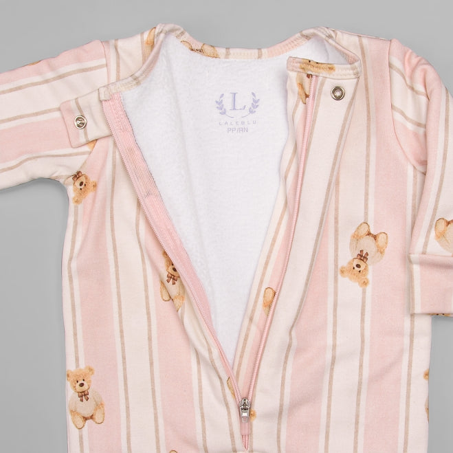 Macacão Peluciado Ziper - Algodão Egípcio - Listado Ursa Rosa