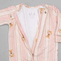 Macacão Peluciado Ziper - Algodão Egípcio - Listado Ursa Rosa