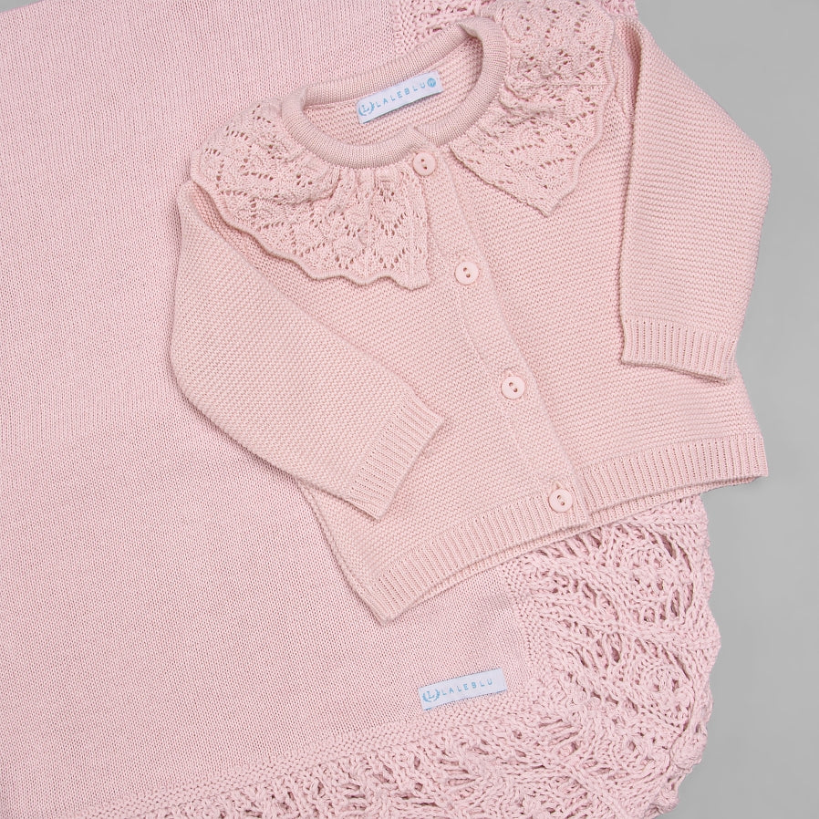 Casaco para Bebê - Tricot - Rendado - Rosa Pastel