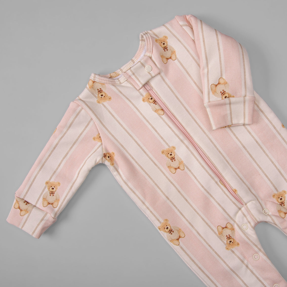 Macacão Peluciado Ziper - Algodão Egípcio - Listado Ursa Rosa