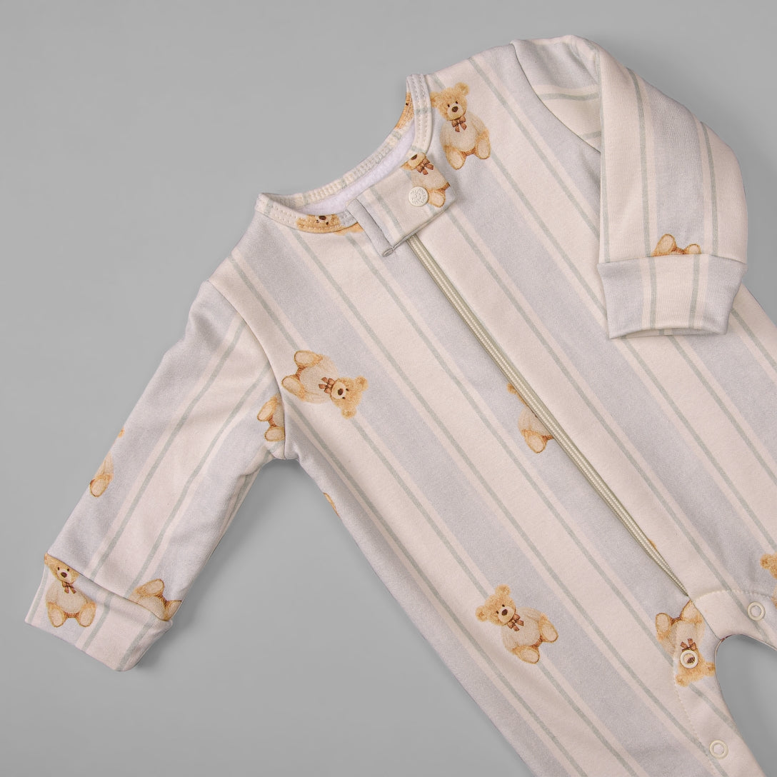 Macacão Peluciado Ziper - Algodão Egípcio - Listado Urso Azul