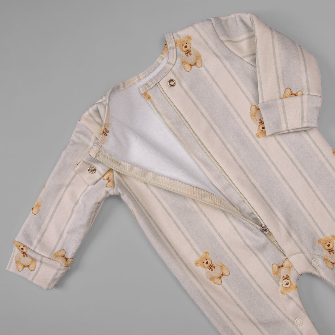 Macacão Peluciado Ziper - Algodão Egípcio - Listado Urso Azul