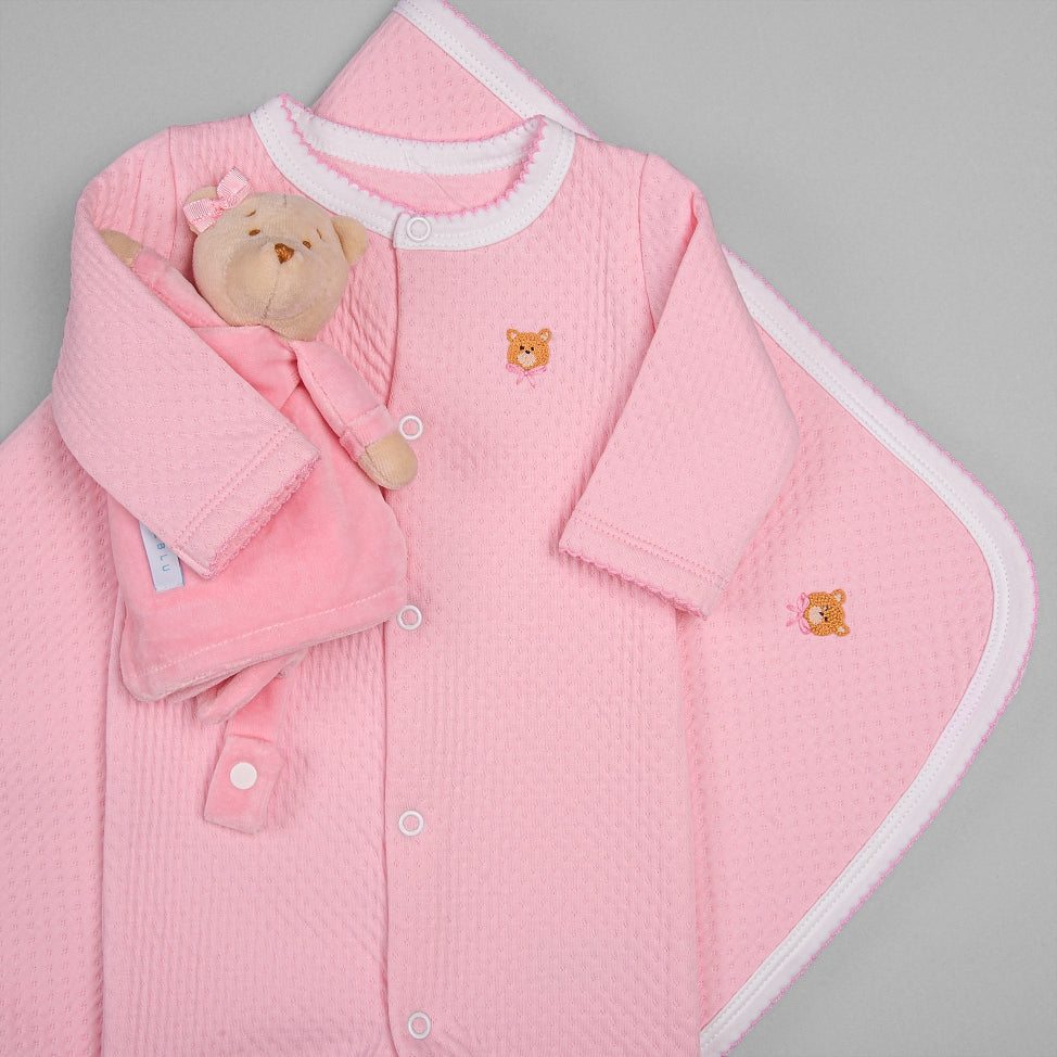 Macacão e Manta para Bebê em Algodão Pima Matelassê - Ursa Rosa