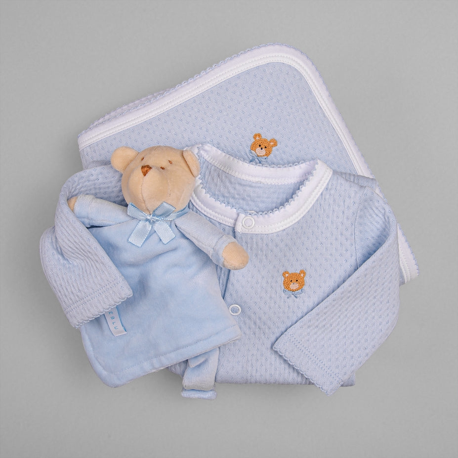 Macacão e Manta para Bebê em Algodão Pima Matelassê - Urso Azul
