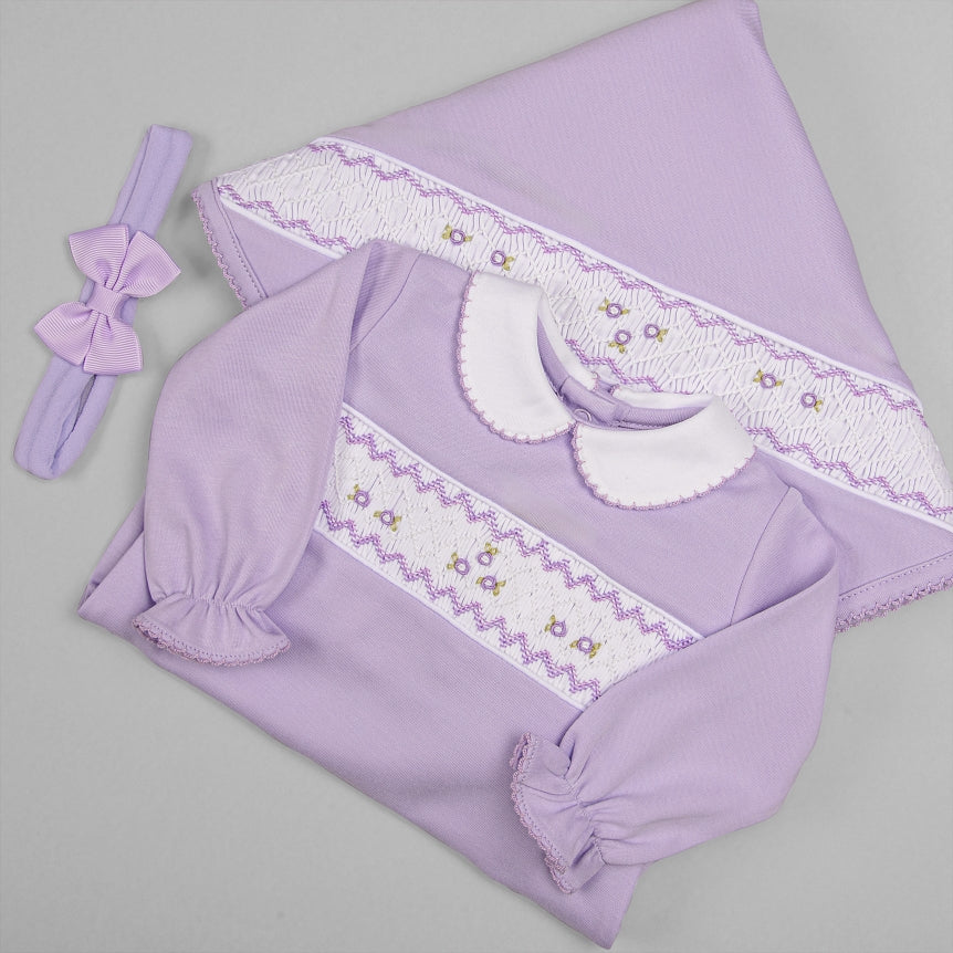 Macacão e Manta para Bebê em Algodão Pima -  Florzinhas Lavanda