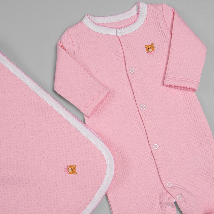 Macacão e Manta para Bebê em Algodão Pima Matelassê - Ursa Rosa