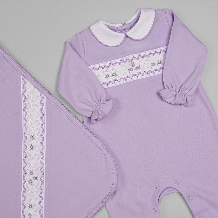 Macacão e Manta para Bebê em Algodão Pima -  Florzinhas Lavanda