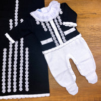 Jardineira. Casaco e Manta - Alice - Preto e Branco com Pérolas Swarovski