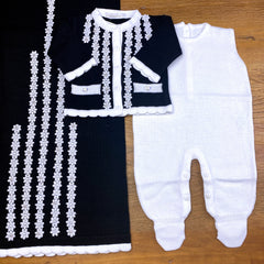 Jardineira. Casaco e Manta - Alice - Preto e Branco com Pérolas Swarovski