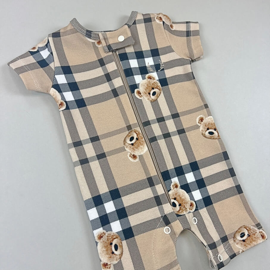 Macacão Zíper - Curto - Algodão Egípcio - Urso Xadrez Bege