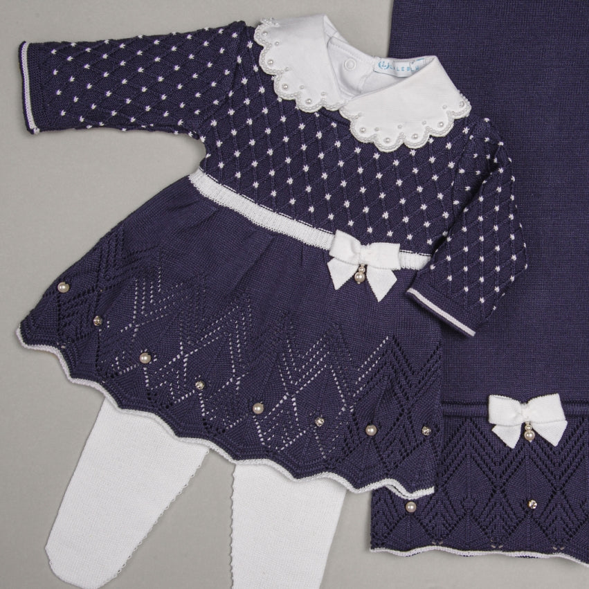 Vestido, Calça e Manta - Casinha - Naval e Branco com Pérolas e Cristais Swarovski