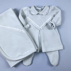 Vestido. Calça e Manta para Bebê - Tricotil - Aurora - Verdinho e Branco