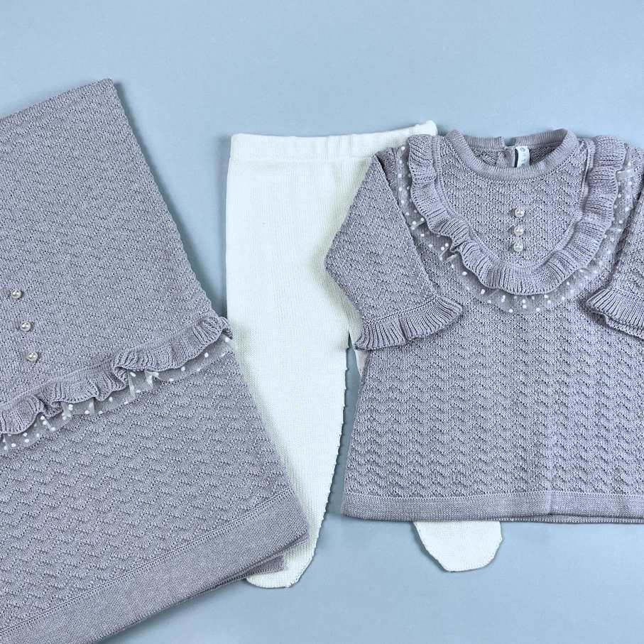 Vestido,  Calça e Manta - Virgínia - Lavanda com Pérolas e Cristais