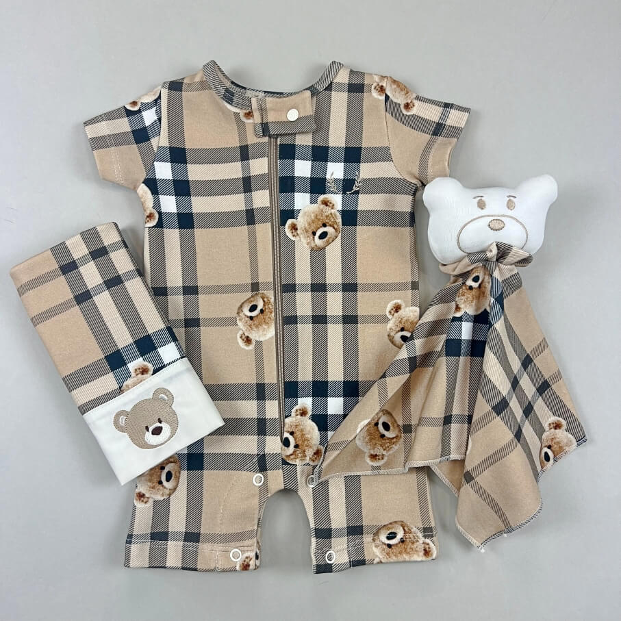 Macacão Zíper - Curto - Algodão Egípcio - Urso Xadrez Bege
