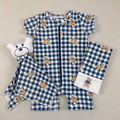 Macacão Zíper - Curto - Algodão Egípcio - Urso Xadrez Marinho