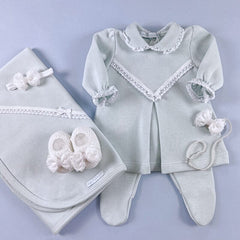 Vestido. Calça e Manta para Bebê - Tricotil - Aurora - Verdinho e Branco