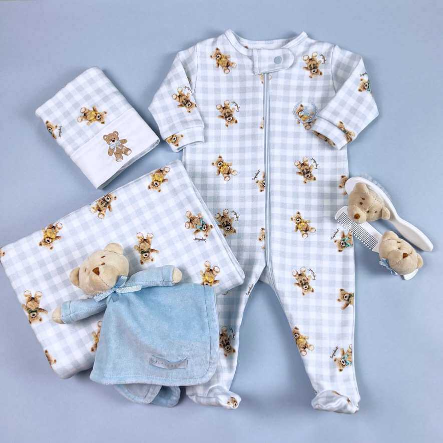 Macacão Zíper - Algodão Egípcio - Urso Xadrez Azul