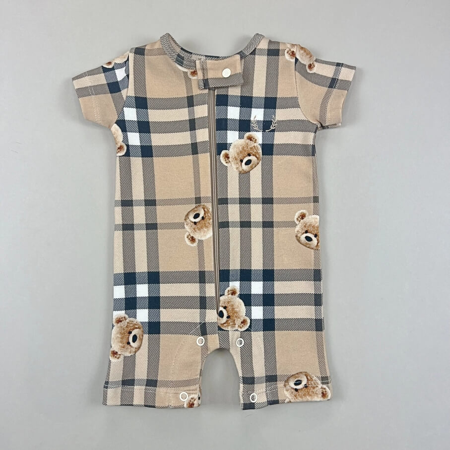 Macacão Zíper - Curto - Algodão Egípcio - Urso Xadrez Bege