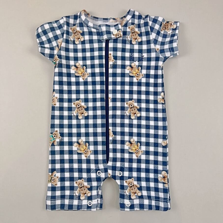 Macacão Zíper - Curto - Algodão Egípcio - Urso Xadrez Marinho