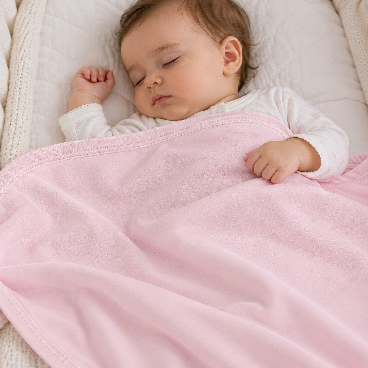 Bebê coberto por manta de algodão pima rosa