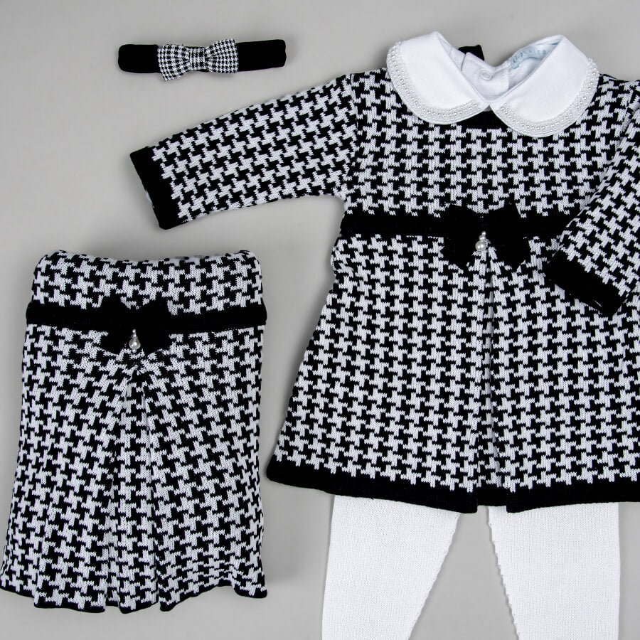 Vestido, Calça e Manta - Pied Poule - Preto e Branco com Pérolas Swarovski
