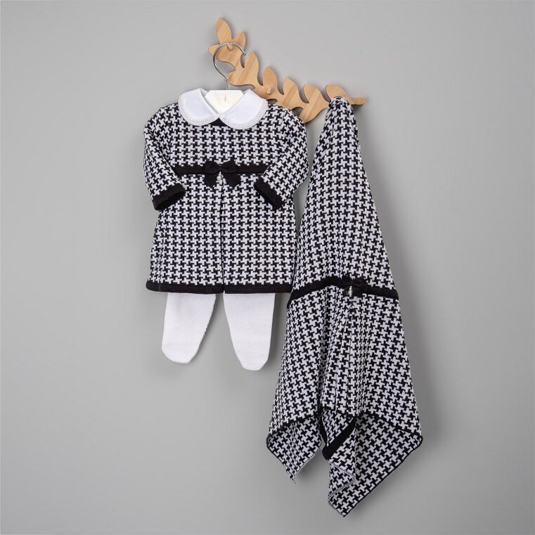 Vestido, Calça e Manta - Pied Poule - Preto e Branco com Pérolas Swarovski