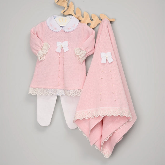 Vestido, Calça e Manta - Rendinha - Rosa com Pérolas e Cristais Swarovski