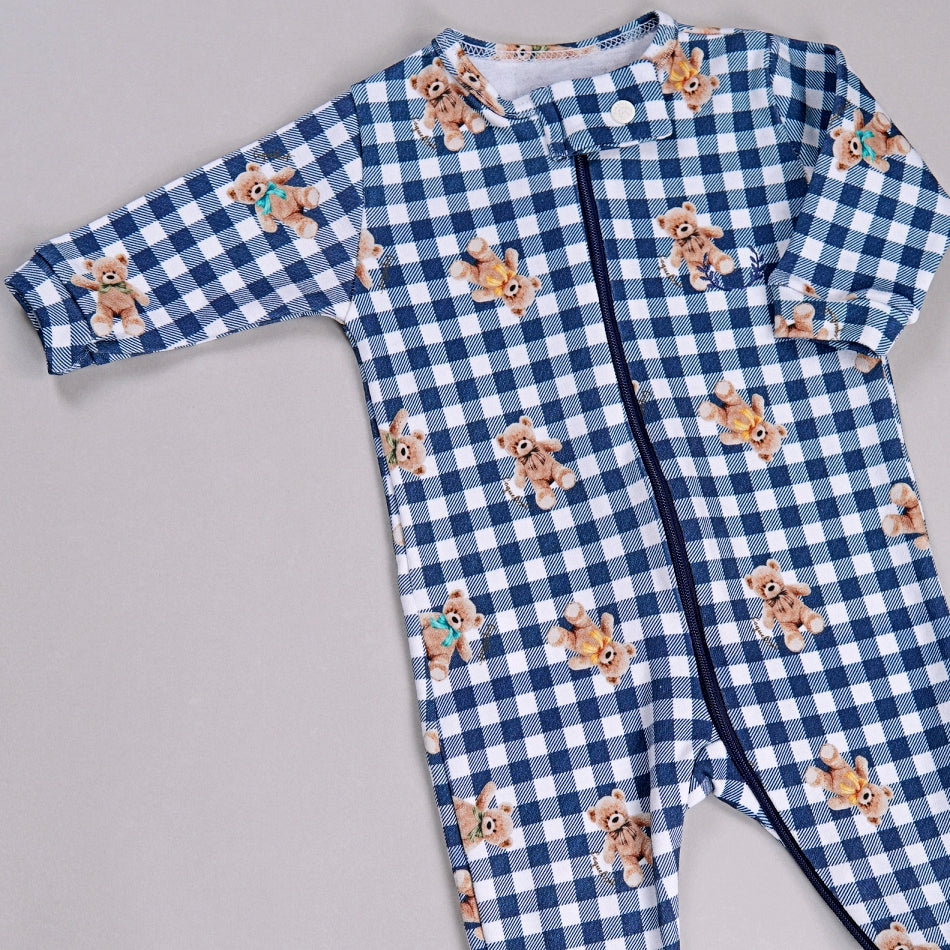 Macacão Zíper - Algodão Egípcio - Urso Xadrez Marinho